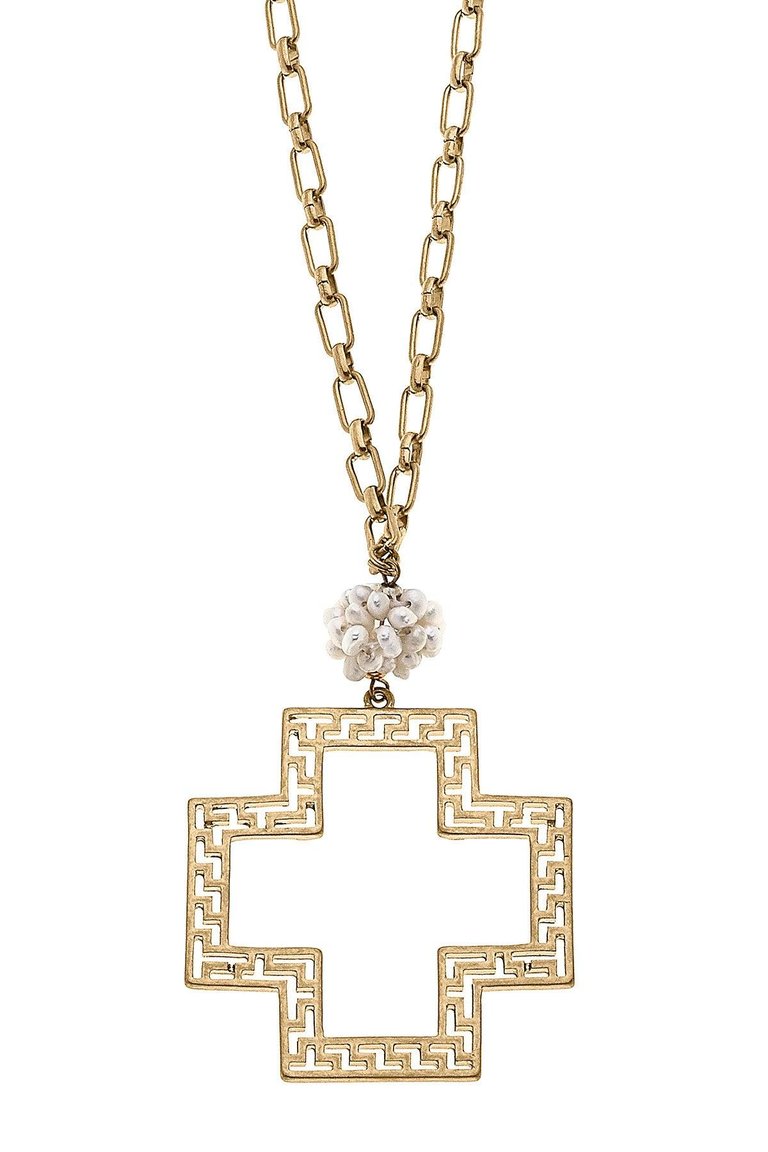 Elysa Greek Keys Cross Pendant & Pearl Cluster Necklace - Worn Gold