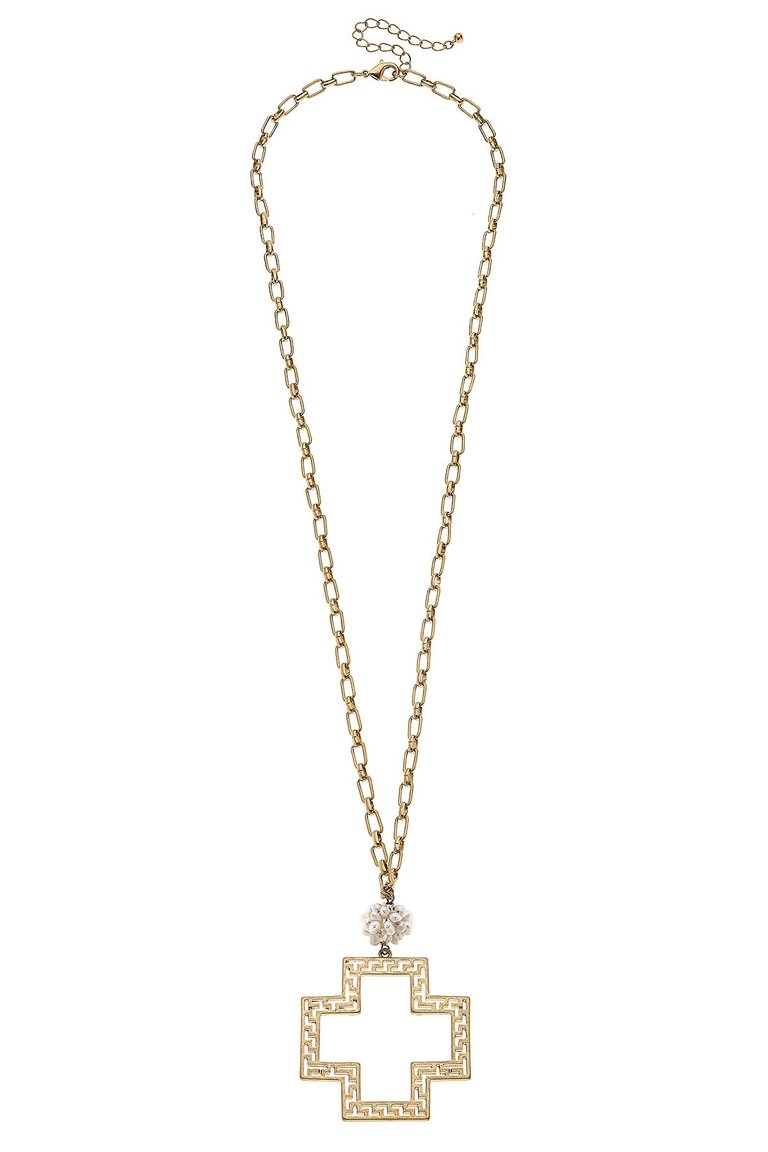Elysa Greek Keys Cross Pendant & Pearl Cluster Necklace