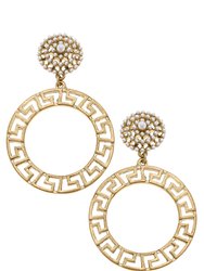 Emilia Greek Keys Circle & Pearl Studded Statement Earrings - Worn Gold
