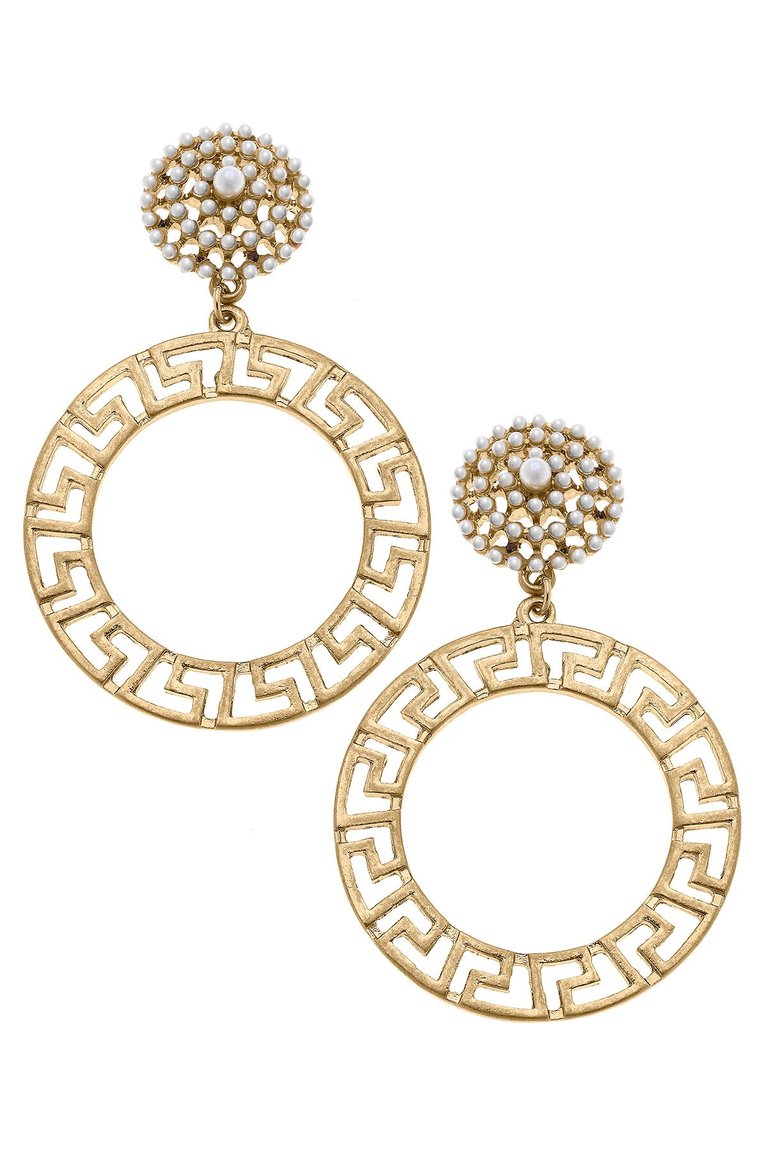 Emilia Greek Keys Circle & Pearl Studded Statement Earrings - Worn Gold