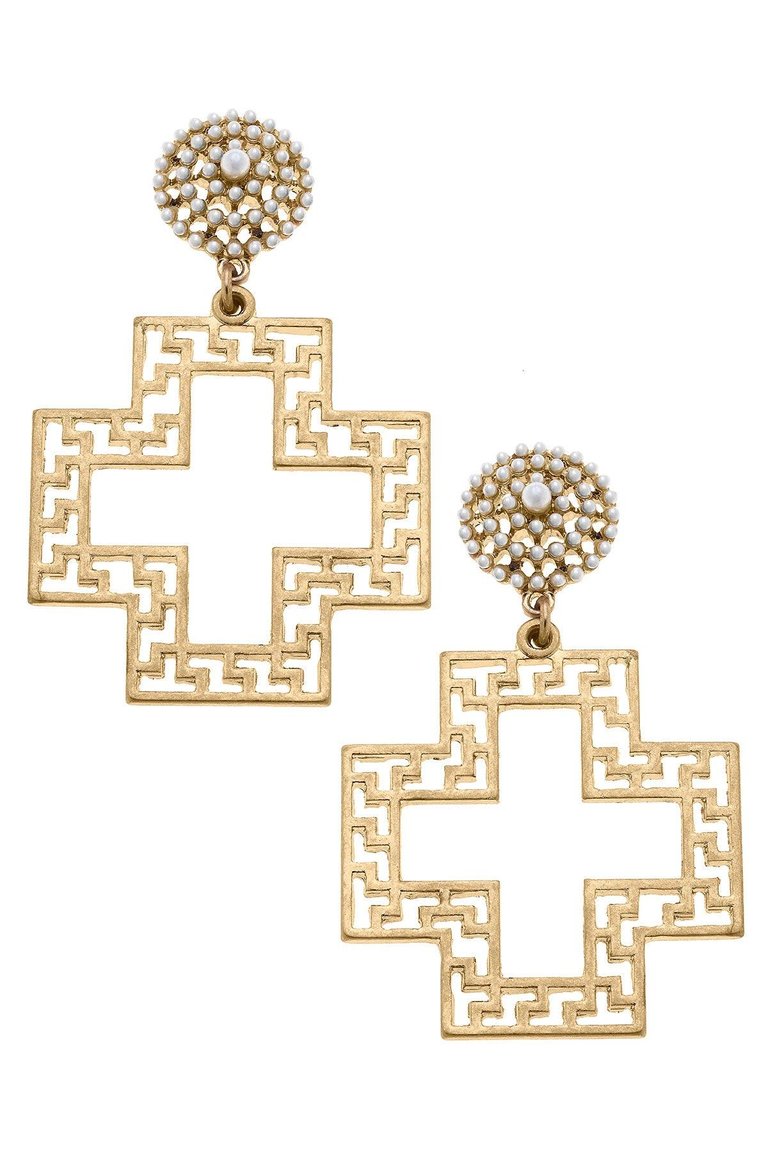 Emilia Greek Keys Cross And Pearl Studded Statement Earrings - Worn Gold