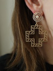 Emilia Greek Keys Cross And Pearl Studded Statement Earrings
