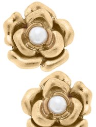 Emmie Camelia And Pearl Stud Earring - Worn Gold