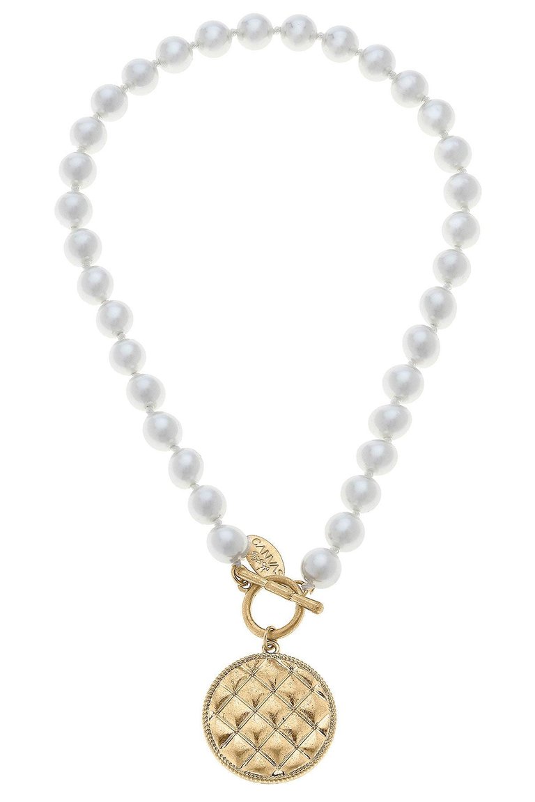 Enid Quilted Metal Pendant T-Bar Pearl Necklace - Ivory