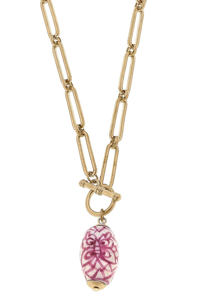 Evelyn Chinoiserie T-Bar Necklace - Pink/White - Pink/White
