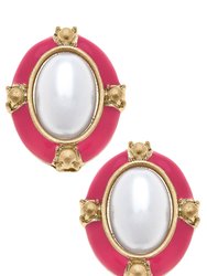 Evie Enamel & Pearl Statement Stud Earrings - Pink - Pink