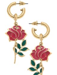 Gianna Rose Flower Enamel Drop Hoop Earrings - Worn Gold
