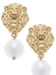 Gloria Lion Head & Pearl Drop Earrings - Worn Gold