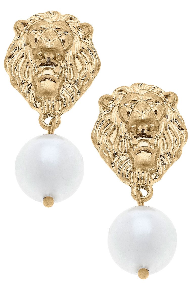 Gloria Lion Head & Pearl Drop Earrings - Worn Gold