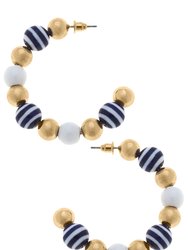 Greta Nautical Ceramic Ball Bead Hoop Earrings - Navy/White