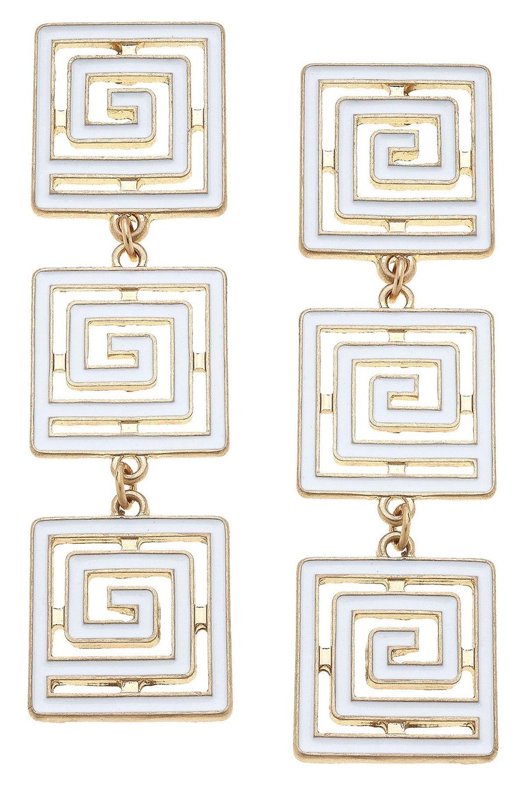 Gretchen Game Day Greek Keys Linked Enamel Earrings In White - White