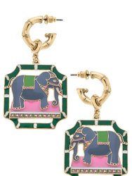 Honor Enamel Elephant & Bamboo Earrings - Green/Pink