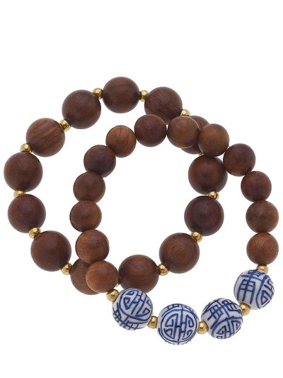 Canvas Style Iris Chinoiserie & Wood Stretch Bracelet Stack in Brown - Set of 2 product