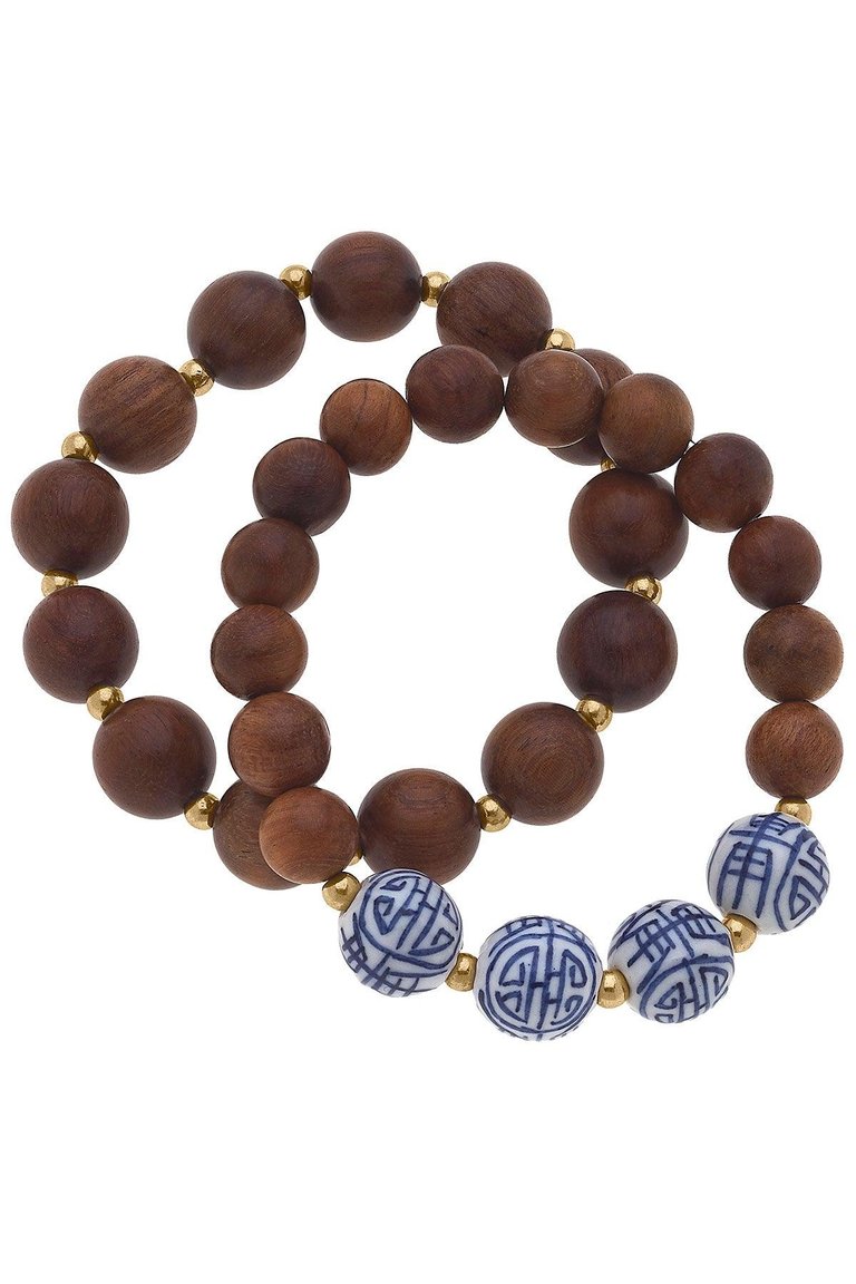 Iris Chinoiserie & Wood Stretch Bracelet Stack in Brown - Set of 2 - Brown