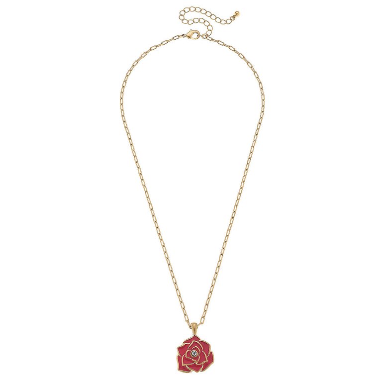Isabella Enamel Rose Pendant Necklace - Worn Gold