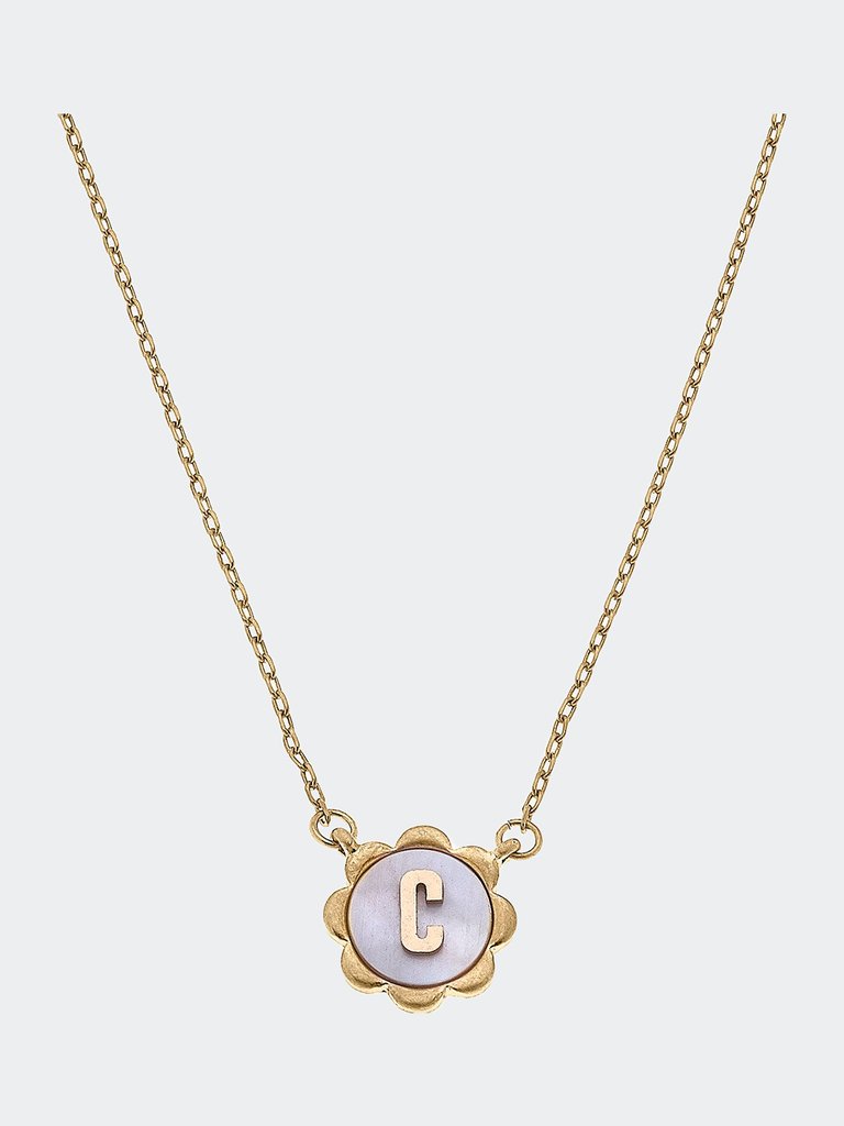Juliette Mother of Pearl Scalloped Initial Necklace - Worn Gold