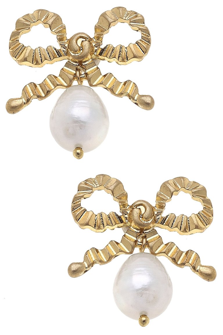 Kate Bow & Pearl Drop Earrings in Worn Gold - Worn Gold