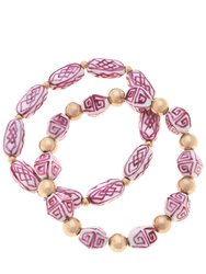 Katherine Chinoiserie and Ball Bead Bracelets in Pink and White - Set of 2 - Pink/White