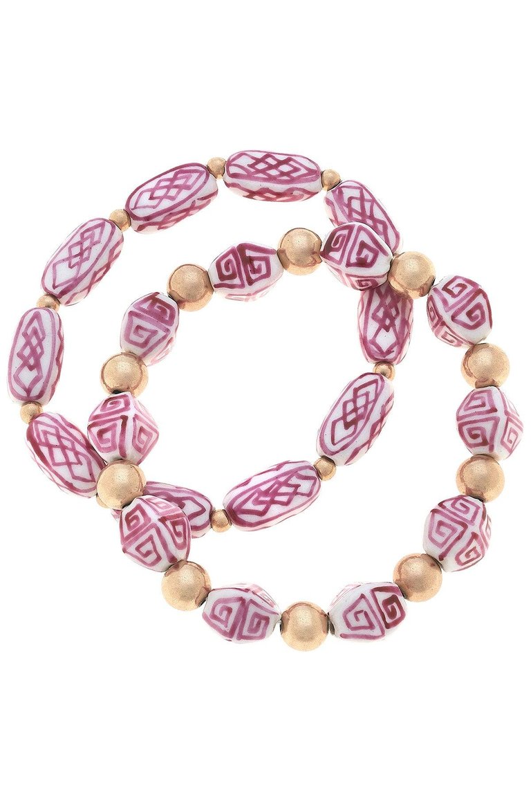 Katherine Chinoiserie and Ball Bead Bracelets in Pink and White - Set of 2 - Pink/White