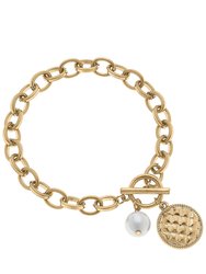 Kira Quilted Metal Charm T-Bar Bracelet - Worn Gold