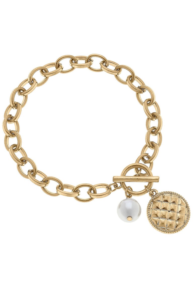 Kira Quilted Metal Charm T-Bar Bracelet - Worn Gold