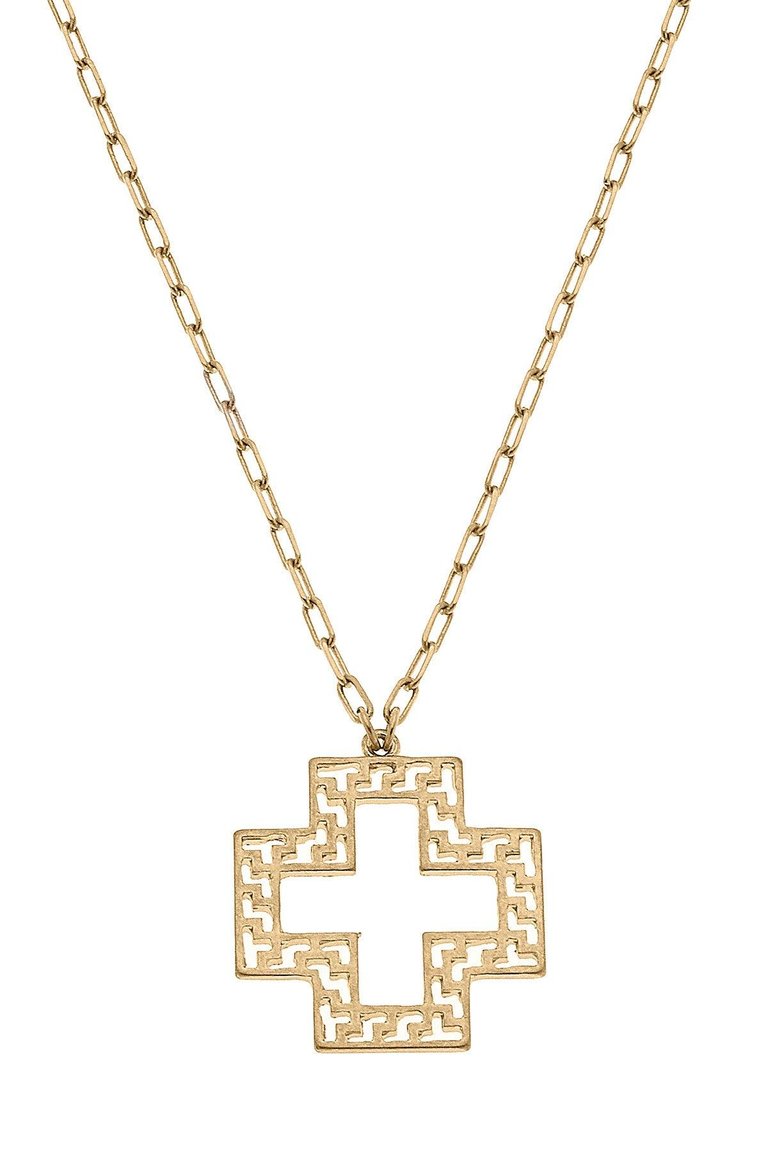 Kristin Greek Keys Cross Pendant Necklace - Worn Gold