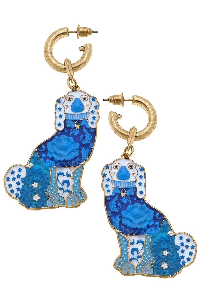 Lacey Enamel Staffordshire Dog Earrings in Blue & White - Blue