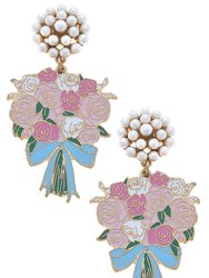 Laney Enamel Bridal Bouquet And Pearl Cluster Earrings - Pink/Blue