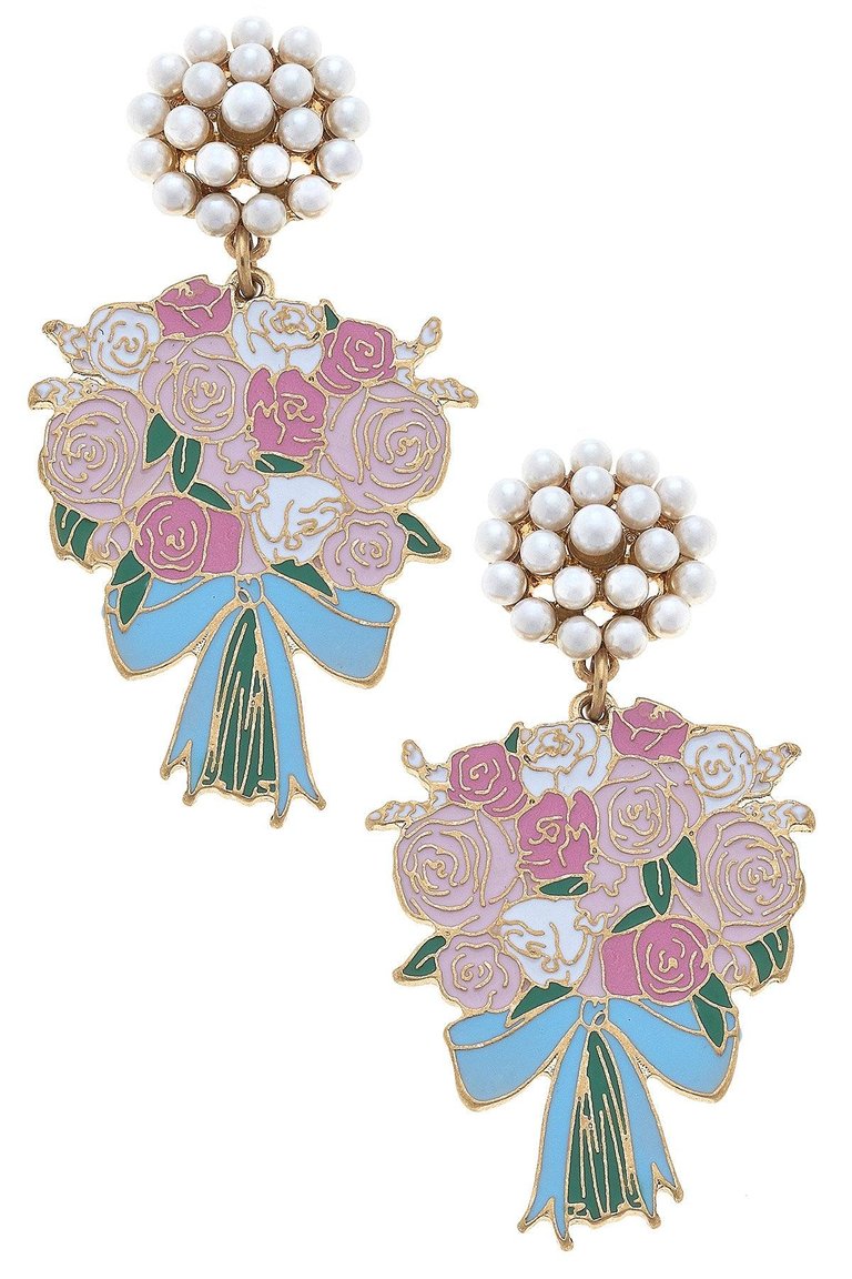 Laney Enamel Bridal Bouquet And Pearl Cluster Earrings - Pink/Blue