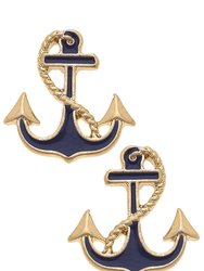 Laura Enamel Anchor  Stud Earrings In Navy - Navy/White