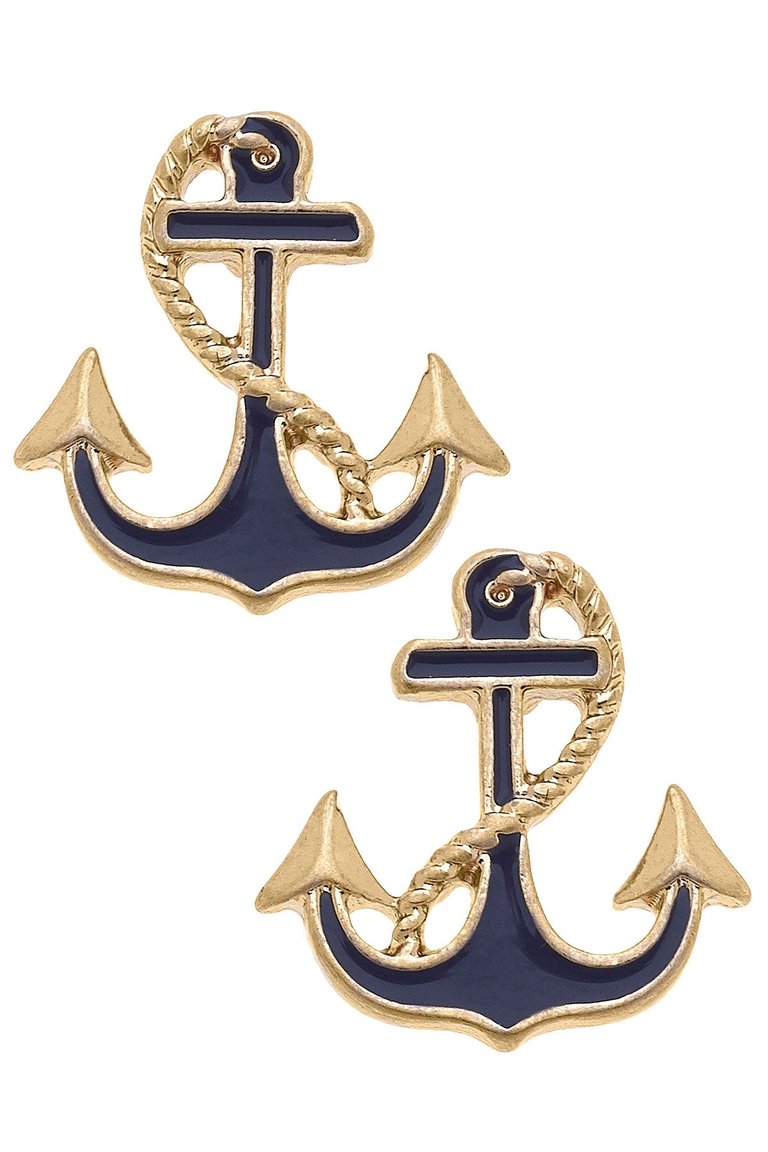 Laura Enamel Anchor  Stud Earrings In Navy - Navy/White