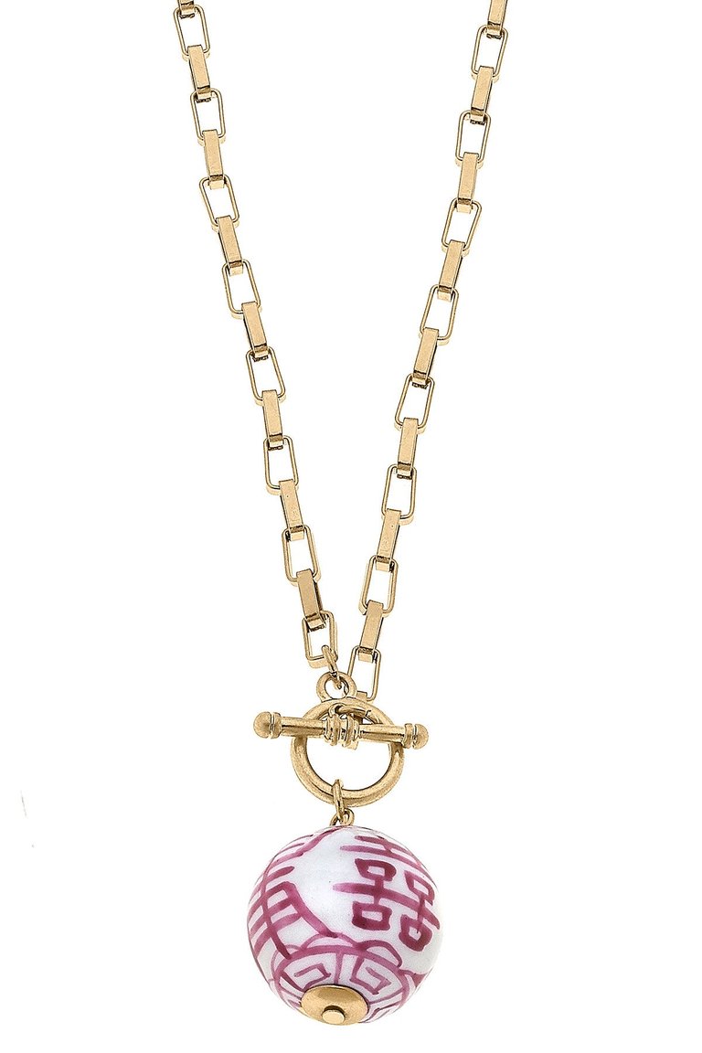 Laurel Chinoiserie T-Bar Necklace - Pink & White - Pink/White