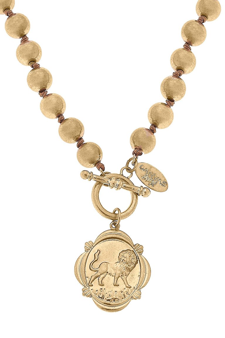 Leo Lion Pendant Ball Bead T-Bar Necklace - Worn Gold