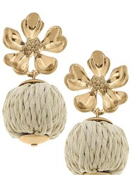 Lilah Flower Stud With Raffia Ball Earrings - Natural
