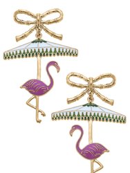 Lina Enamel Flamingo With Umbrella Earrings - Pink/Green