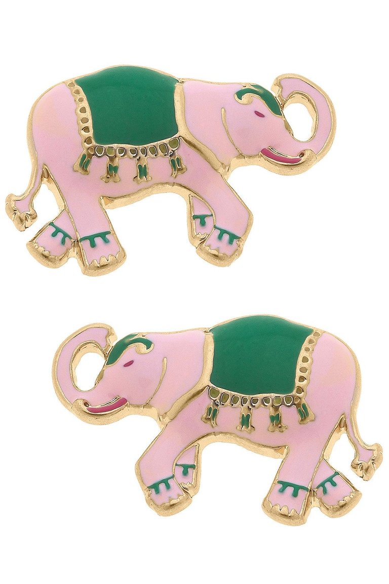 Livy Enamel Elephant Stud Earrings - Pink & Green