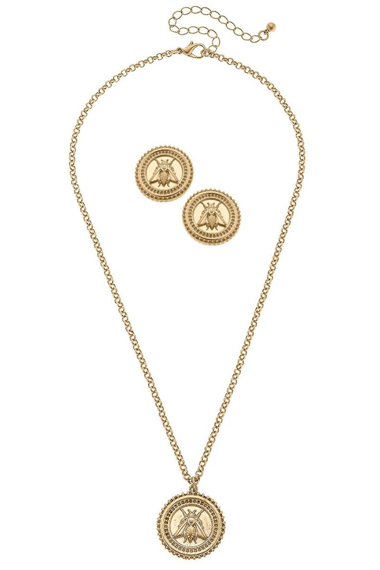 Lizette Bee Medallion Earring and Necklace Set - Gold