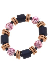 Lorelei Pink & White Chinoiserie & Painted Wood Stretch Bracelet - Navy