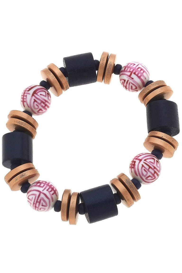 Lorelei Pink & White Chinoiserie & Painted Wood Stretch Bracelet - Navy