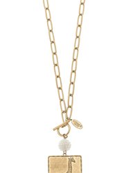 Lou Pearl Cluster & Giraffe Pendant T-Bar Necklace - Worn Gold