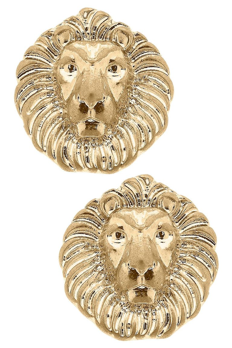 Louise Lion Head Stud Earrings - Worn Gold