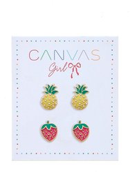 Madeleine Strawberry & Pineapple Children's Stud Earrings - Set Of 2 - Worn Gold