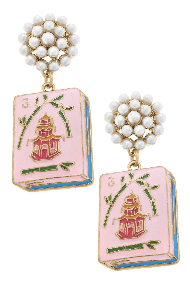 Mahjong Tile Pearl Cluster Enamel Drop Earrings - Pink