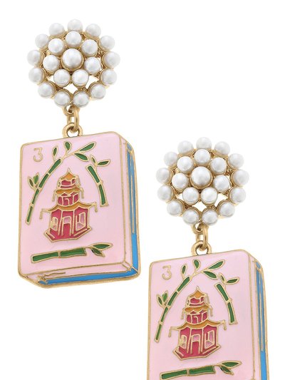 Canvas Style Mahjong Tile Pearl Cluster Enamel Drop Earrings product