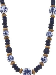 Mallory Blue & White Chinoiserie & Painted Wood Necklace in Navy - Blue