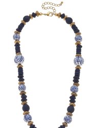 Mallory Blue & White Chinoiserie & Painted Wood Necklace in Navy