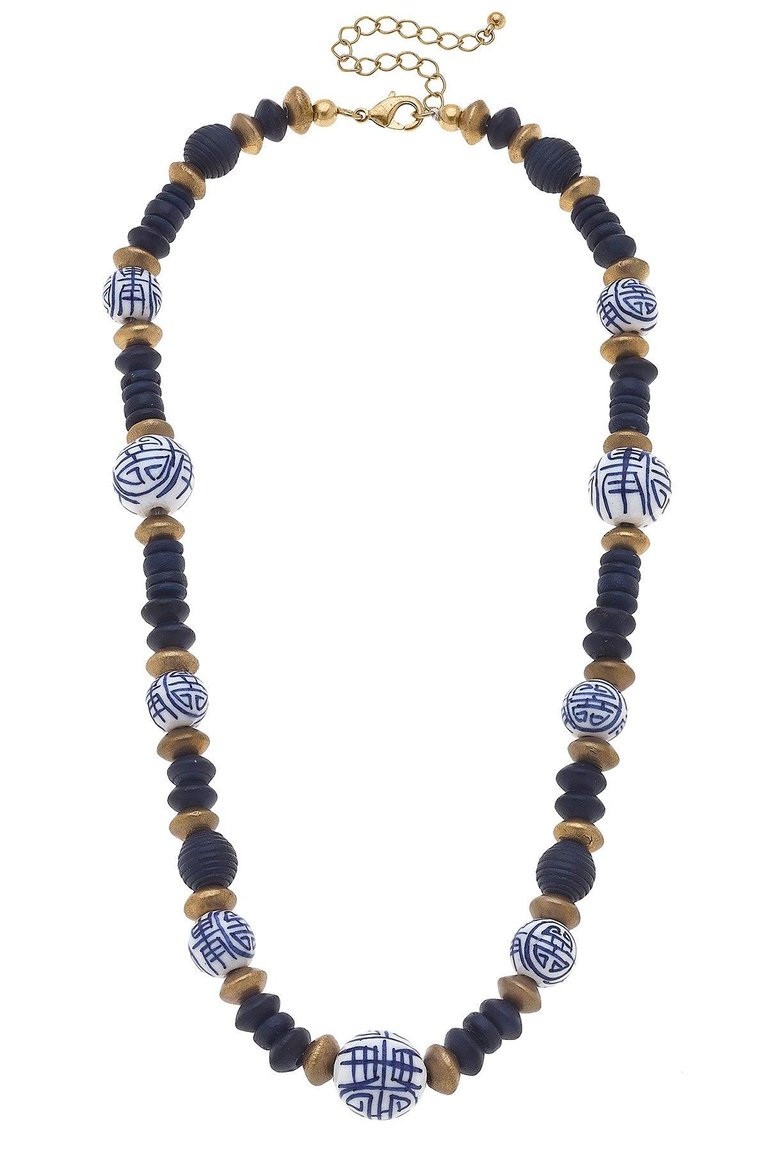 Mallory Blue & White Chinoiserie & Painted Wood Necklace in Navy