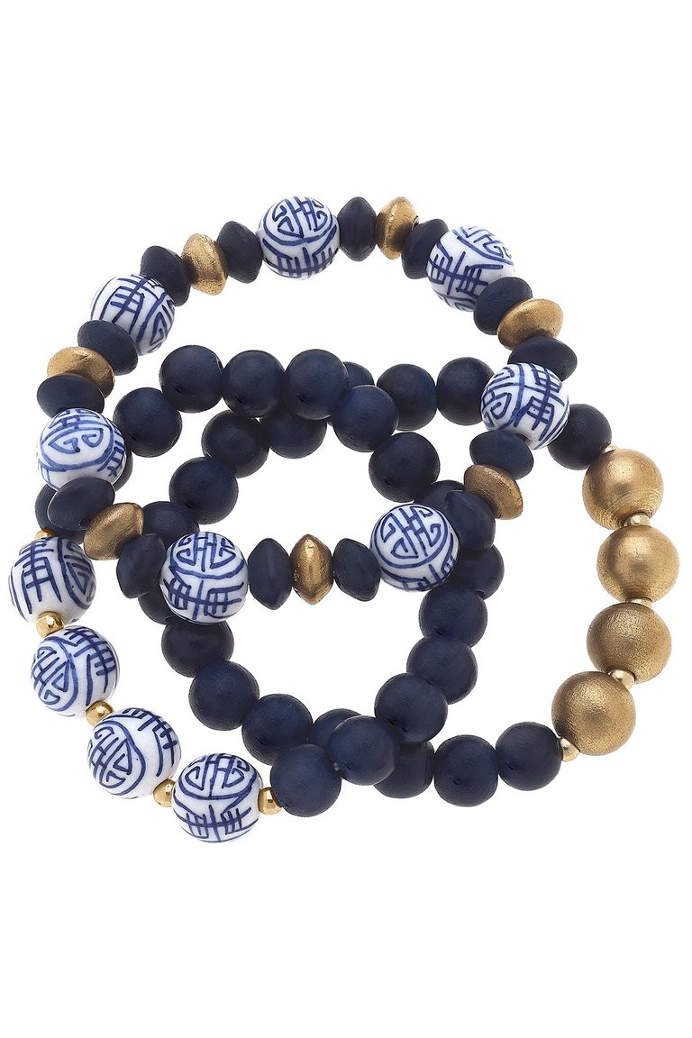 Marcie Blue & White Chinoiserie & Painted Wood Stretch Bracelet Stack in Navy - Navy