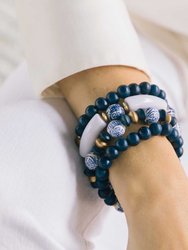 Marcie Blue & White Chinoiserie & Painted Wood Stretch Bracelet Stack in Navy
