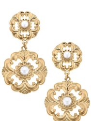 Marguerite Acanthus & Pearl Drop Earrings - Worn Gold